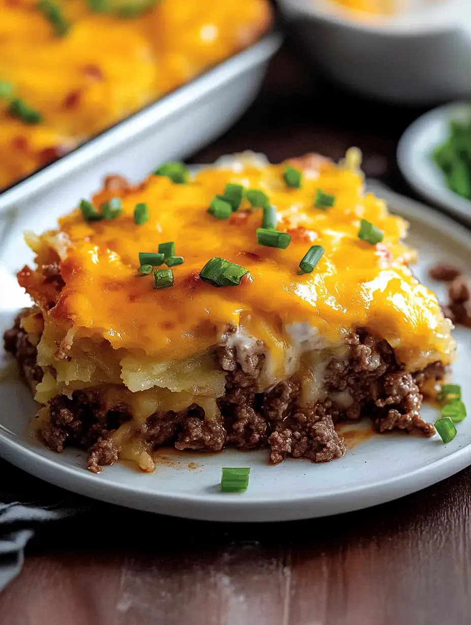 A slice of layered casserole with ground beef, creamy filling, and a top layer of melted cheese, garnished with chopped green onions on a white plate.