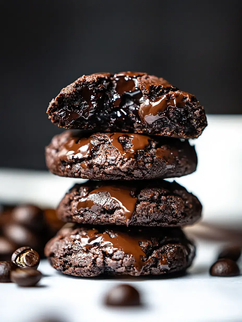 A stack of three chocolate cookies, with the top cookie partially broken to reveal melted chocolate inside, surrounded by coffee beans.