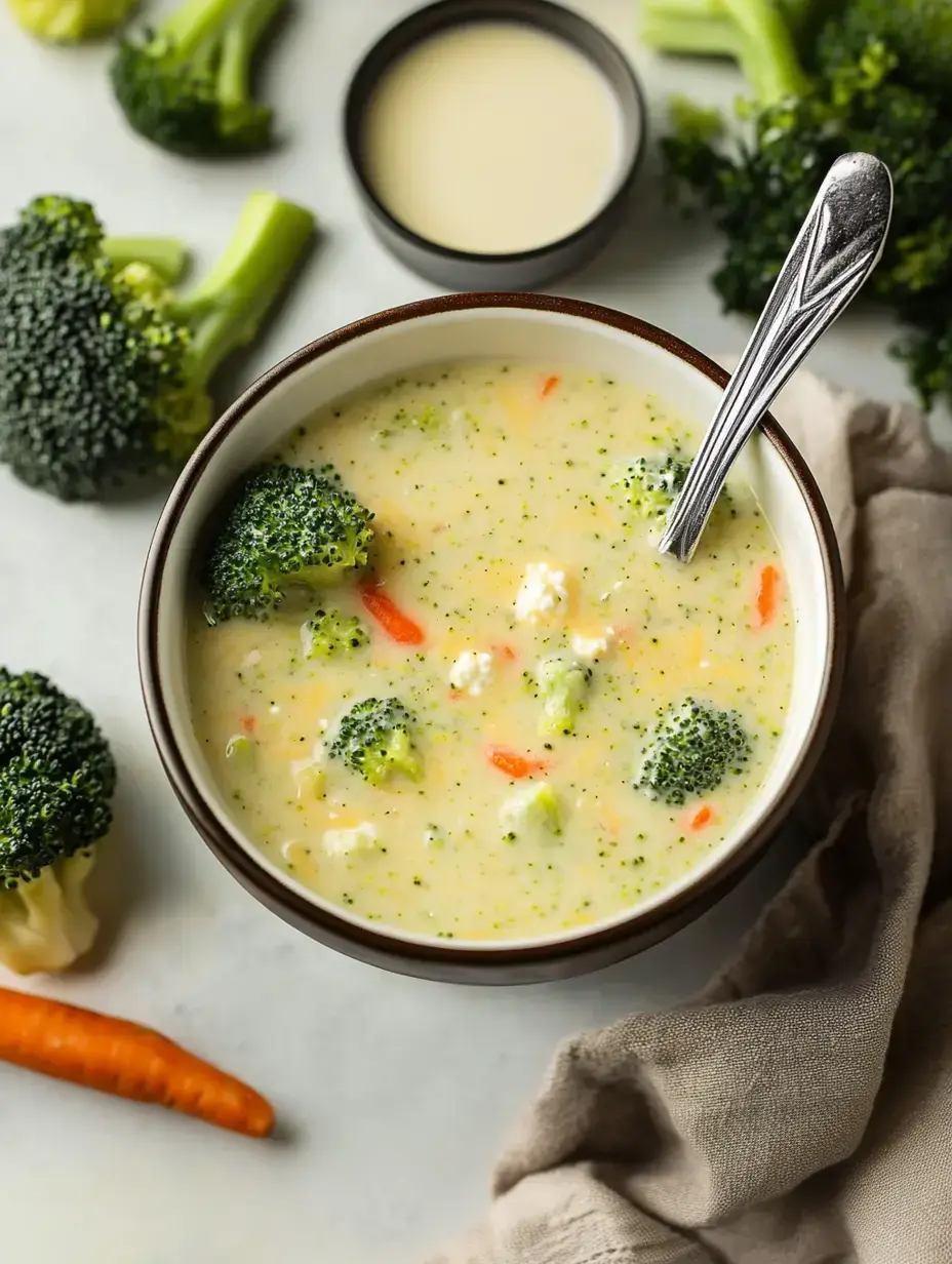 A bowl of creamy broccoli soup with chunks of broccoli and carrots, surrounded by fresh broccoli and a small bowl of additional ingredients on a light surface.