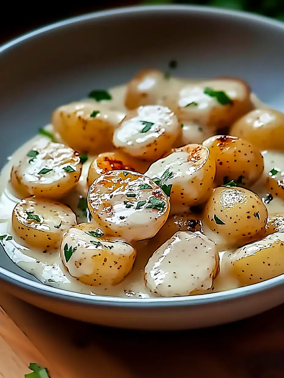 A bowl of creamy, seasoned baby potatoes garnished with chopped herbs.