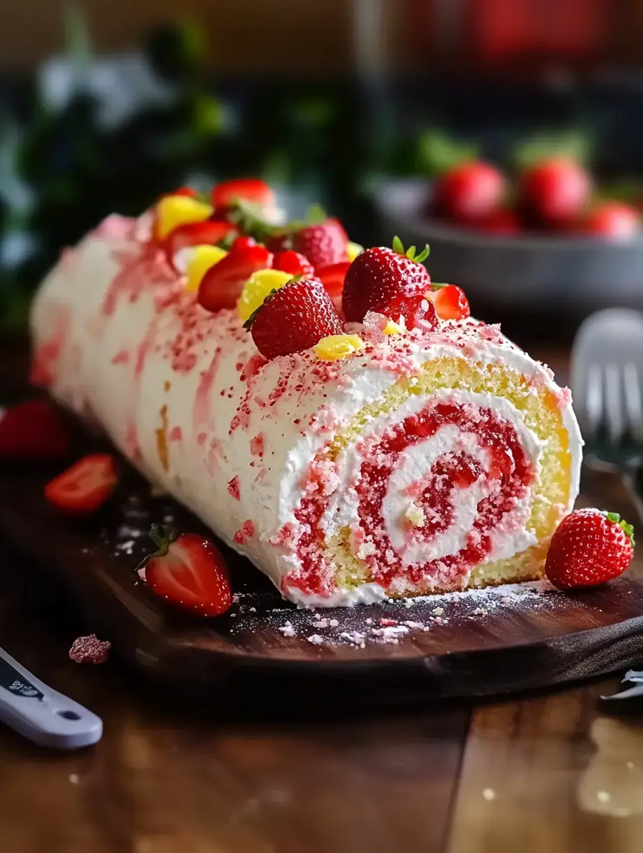 A vibrant strawberry-colored cake roll is decorated with fresh strawberries and a sprinkle of pink sugar, resting on a wooden board.