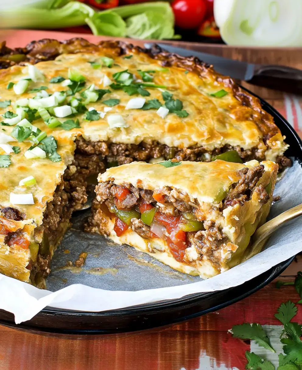 A slice of a layered savory pie with ground beef, tomatoes, and green peppers, topped with green onions and cilantro, is served in a round dish.