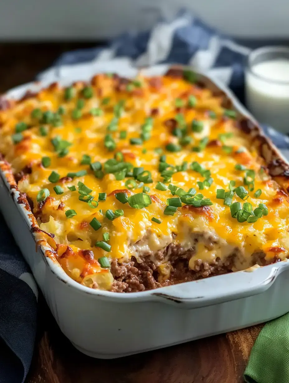 A cheesy casserole topped with green onions and featuring layers of ground beef and potatoes is presented in a white baking dish.