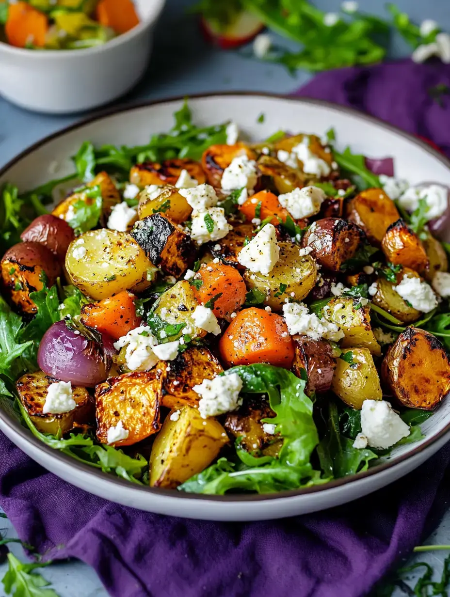 A vibrant salad featuring roasted potatoes, carrots, and onions topped with crumbled feta cheese and served on a bed of arugula, with a bowl of pickled vegetables in the background.