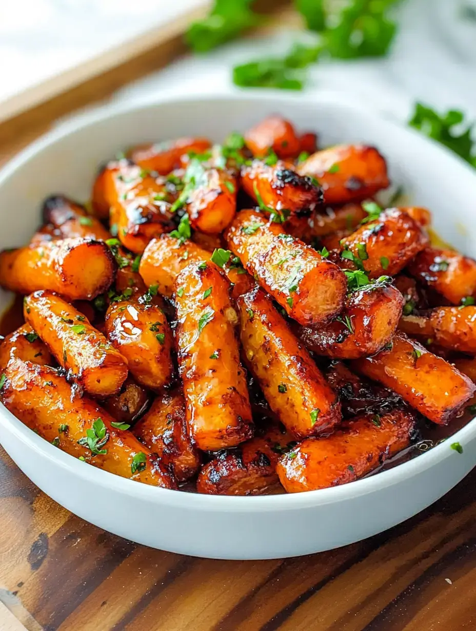 A bowl of roasted, glazed carrots garnished with fresh parsley.