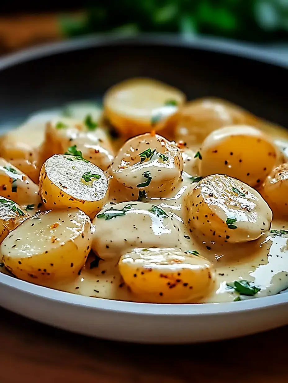 A close-up of creamy, seasoned cooked potatoes garnished with parsley on a black plate.