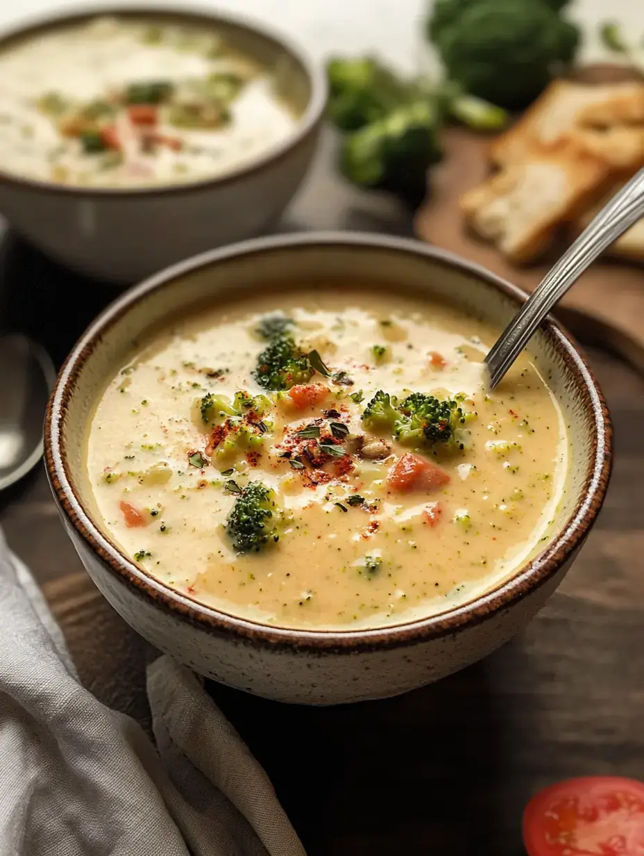 A close-up of a bowl of creamy broccoli soup garnished with broccoli and diced tomatoes, with another bowl of soup in the background and pieces of bread nearby.