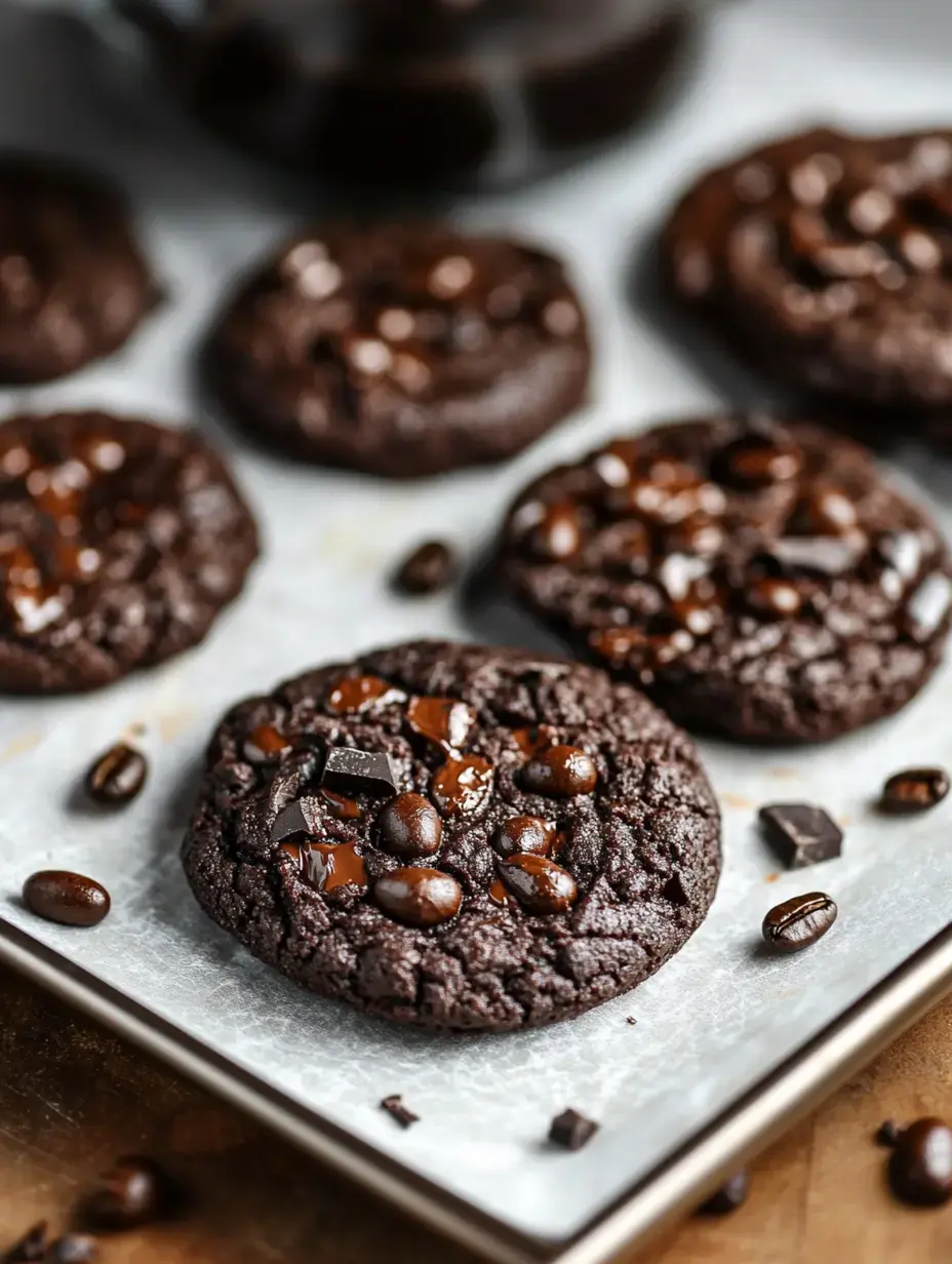 A close-up of freshly baked chocolate cookies topped with chocolate chips and whole coffee beans on a parchment-lined tray.