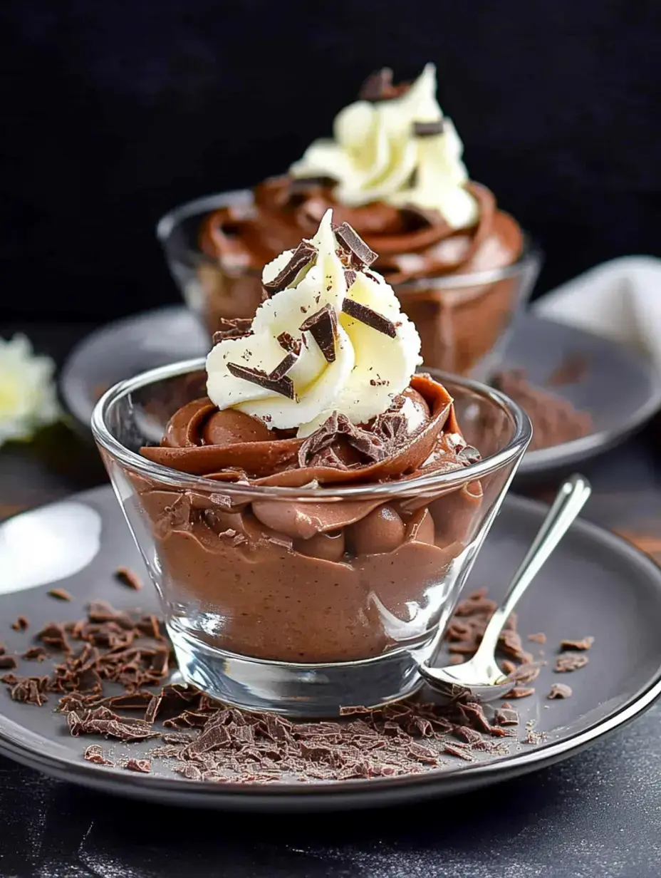 A close-up image of two glasses filled with chocolate mousse, topped with whipped cream and chocolate shavings on a dark background.