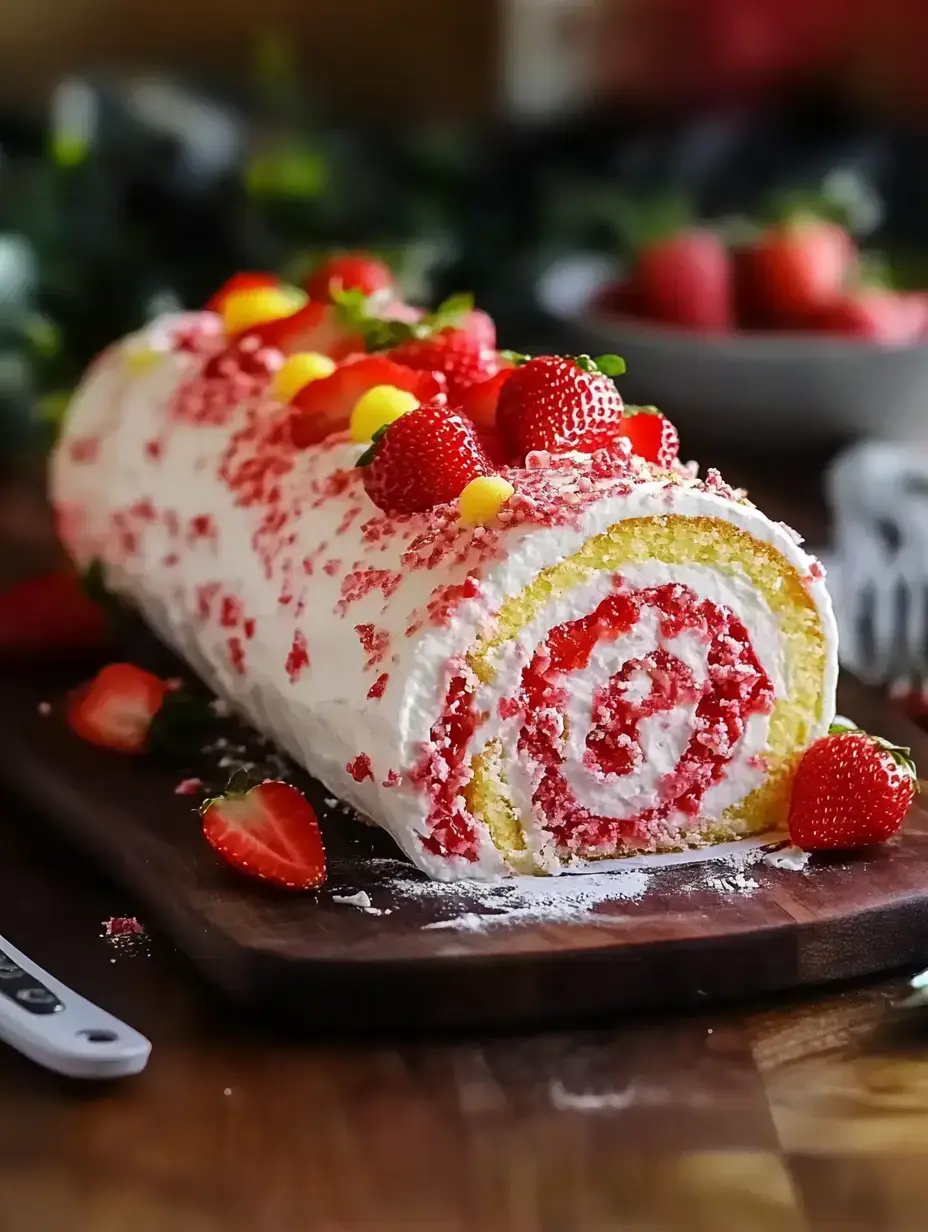 A decorated strawberry and cream roll cake topped with fresh strawberries and colorful sprinkles, presented on a wooden board.