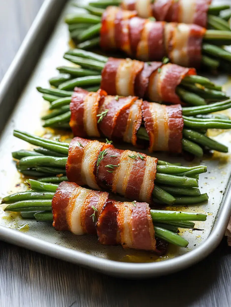 A tray of green beans wrapped in strips of bacon, seasoned and arranged neatly.