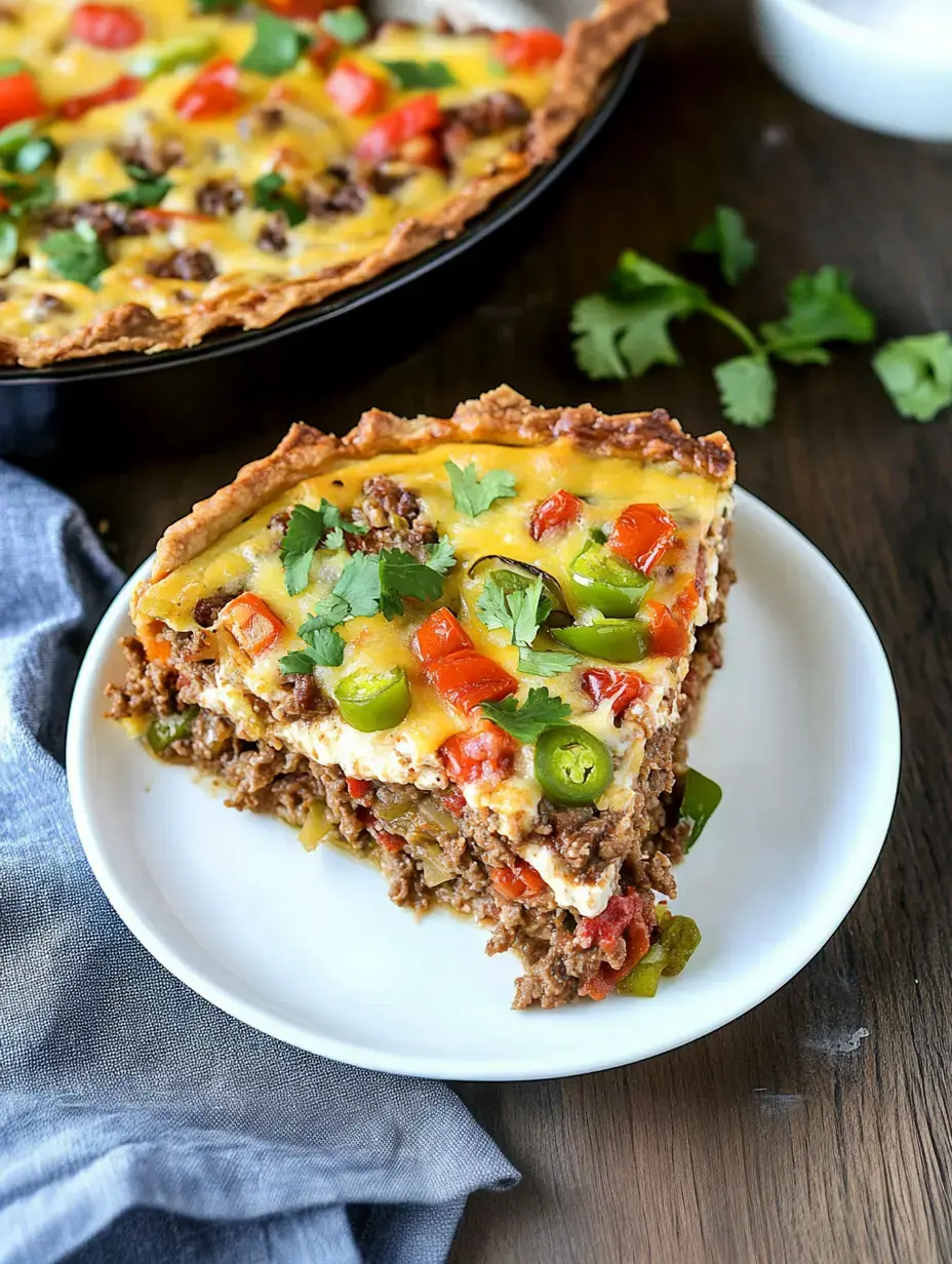 A slice of layered meat and vegetable pie topped with cheese and garnished with fresh cilantro, served on a white plate with the whole pie in the background.