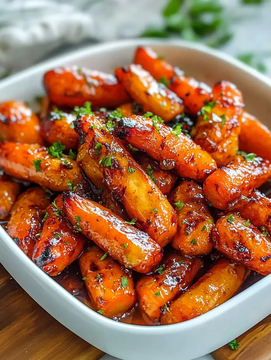 A white bowl filled with glossy, roasted carrots garnished with chopped parsley.