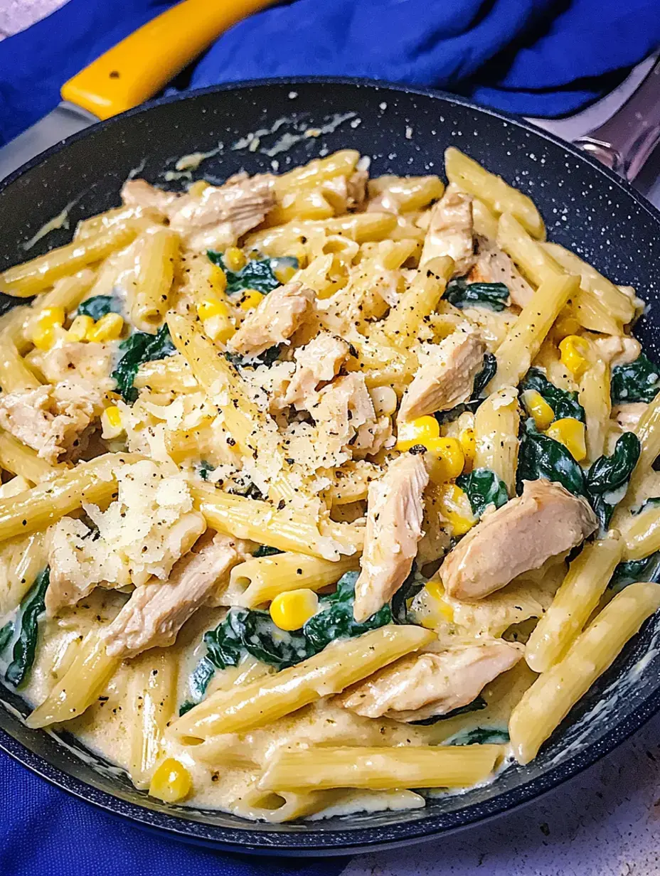 A skillet filled with creamy pasta mixed with chicken, spinach, and corn, topped with grated cheese and black pepper.