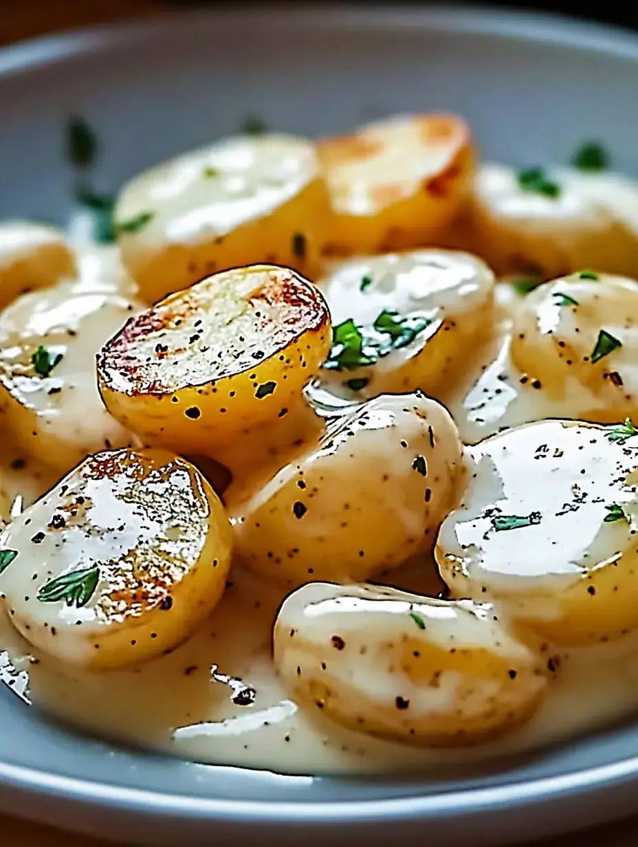 A close-up of sliced roasted potatoes topped with a creamy sauce and sprinkled with herbs on a white plate.