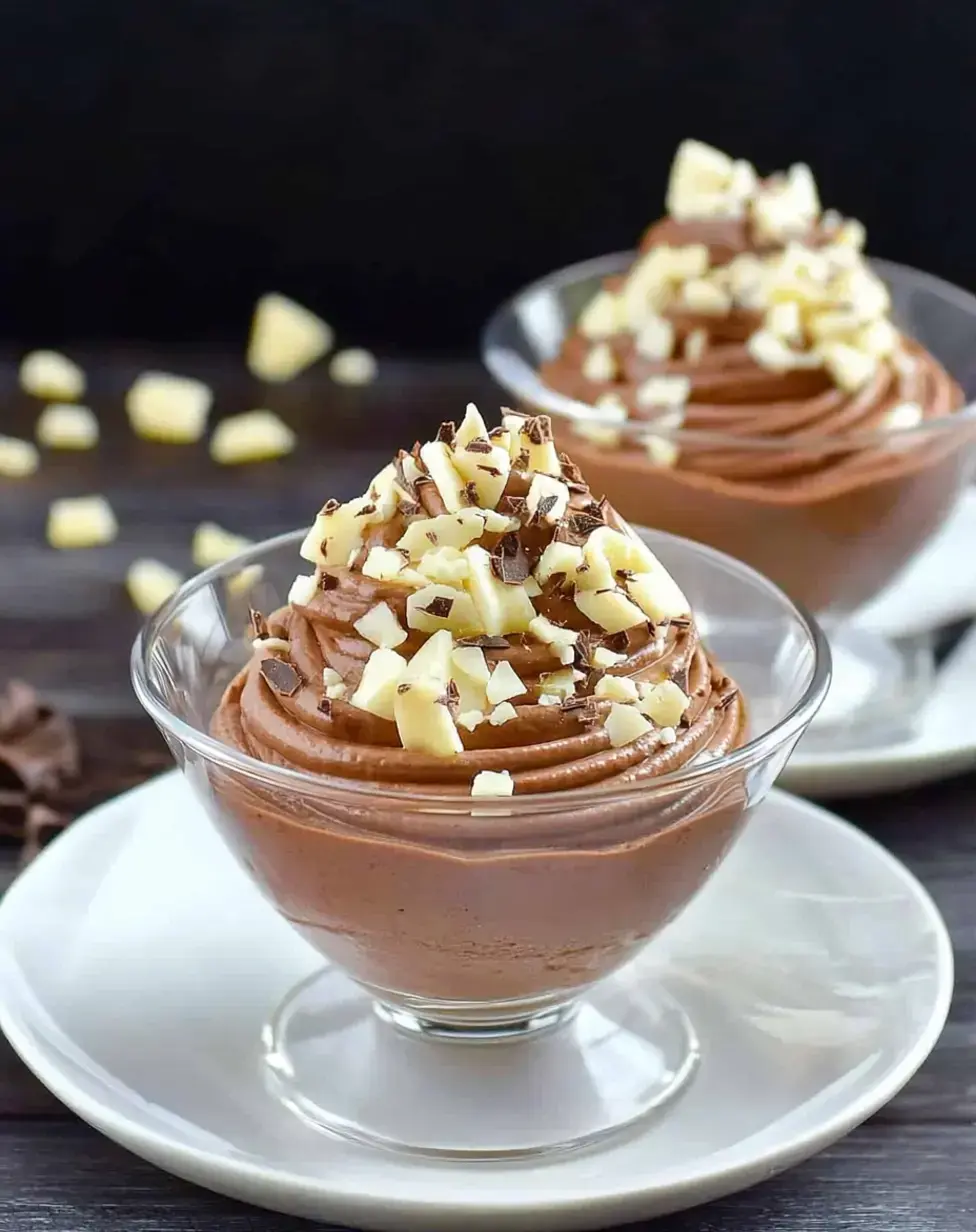 Two dessert cups filled with chocolate mousse topped with white chocolate shavings and dark chocolate curls, on a wooden surface.