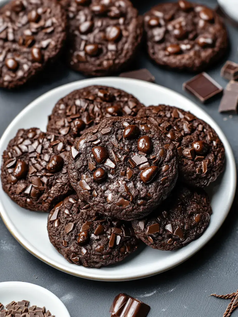 A plate of rich chocolate cookies topped with chocolate chips and chunks, surrounded by scattered chocolate pieces.