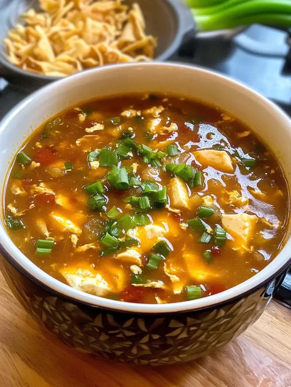 A bowl of savory soup garnished with green onions, featuring chunks of egg and tofu, sits on a wooden surface, with a bowl of crunchy noodles in the background.