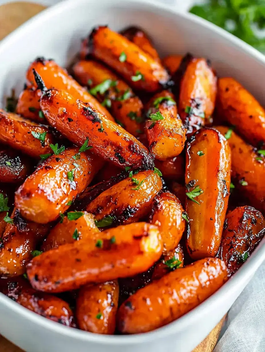 A close-up of glazed, roasted baby carrots garnished with parsley in a white dish.