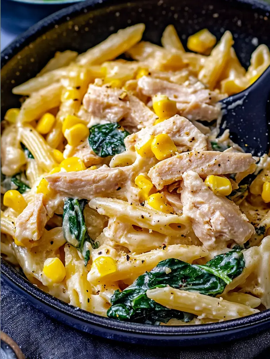 A close-up of a creamy pasta dish featuring penne, shredded chicken, corn, and spinach, garnished with black pepper.