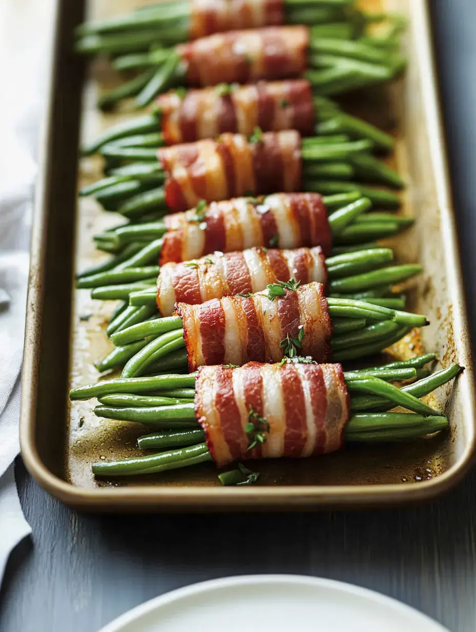 A tray of green beans wrapped in crispy bacon, garnished with herbs.