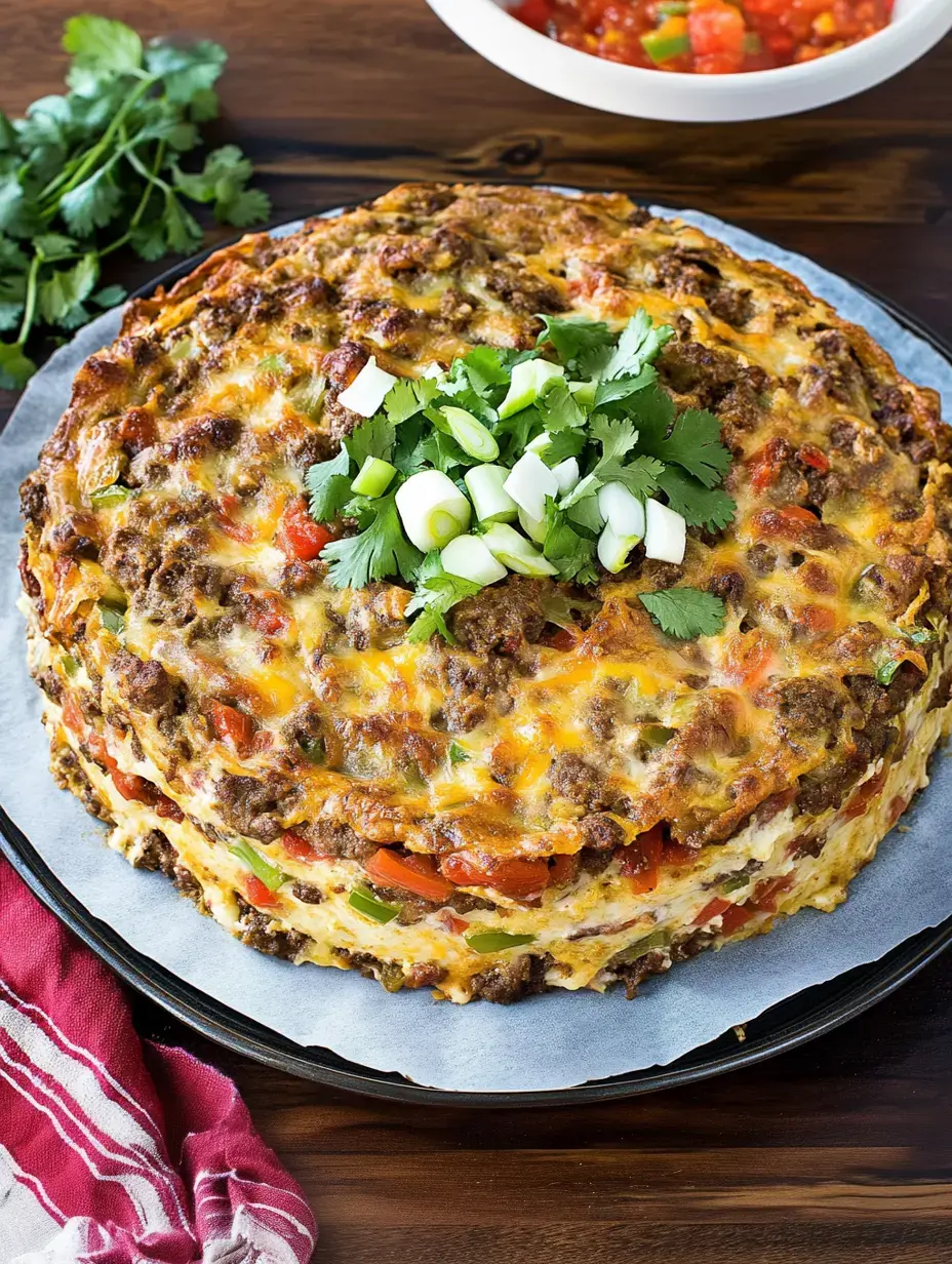 A layered casserole topped with green onions and cilantro, served with a bowl of salsa, on a wooden table.