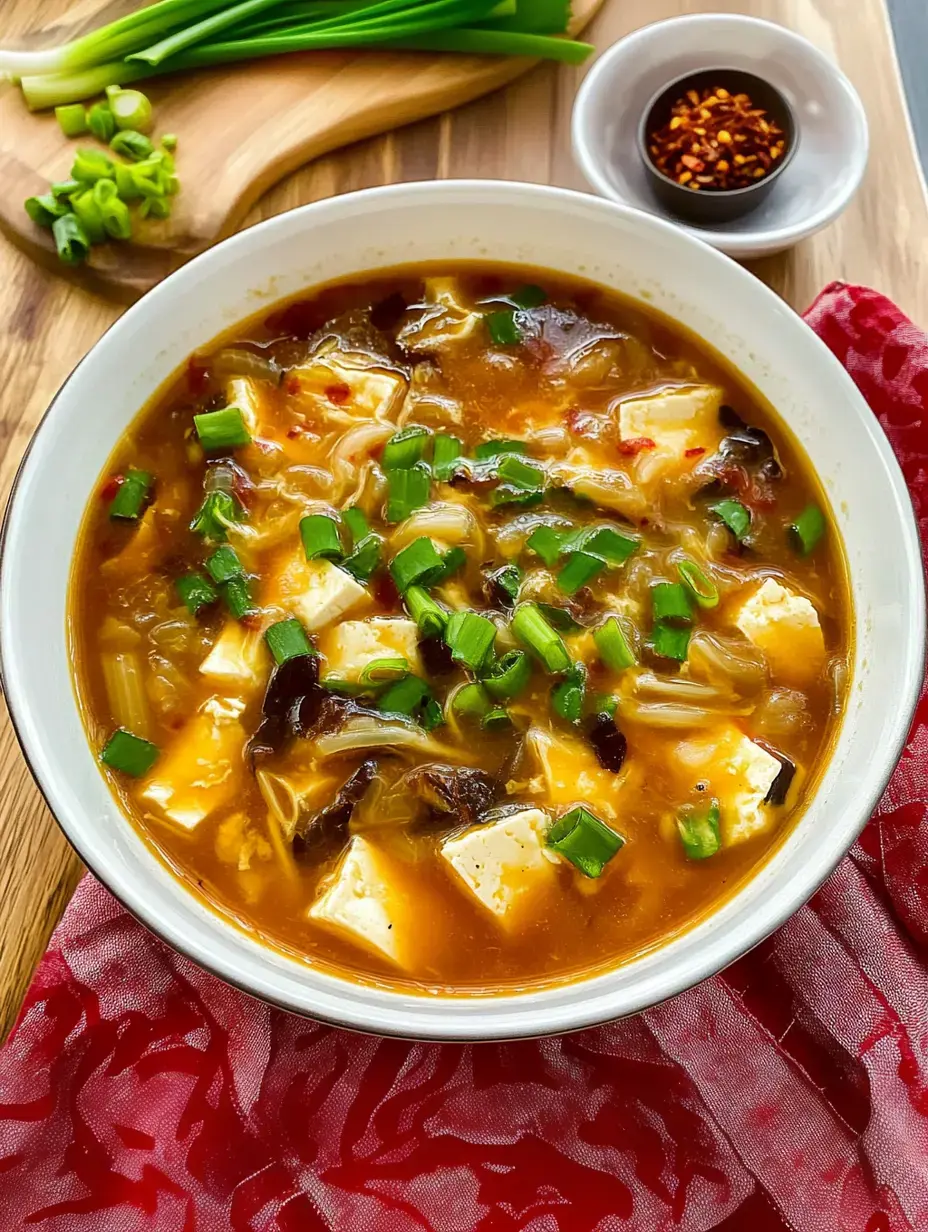 A bowl of hot and spicy soup with tofu, vegetables, and chopped green onions, accompanied by a small dish of red pepper flakes.