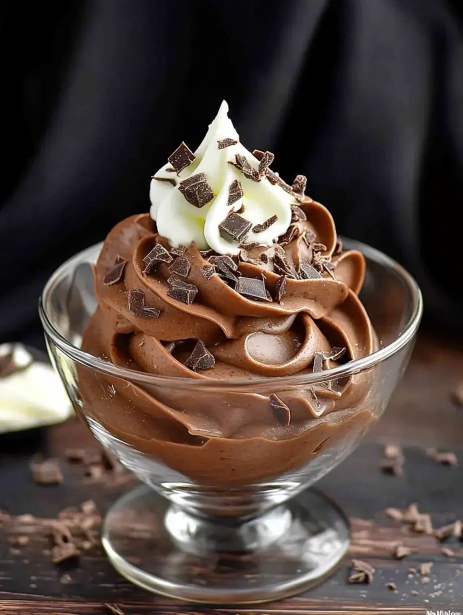 A glass dish filled with swirled chocolate mousse topped with whipped cream and chocolate shavings.