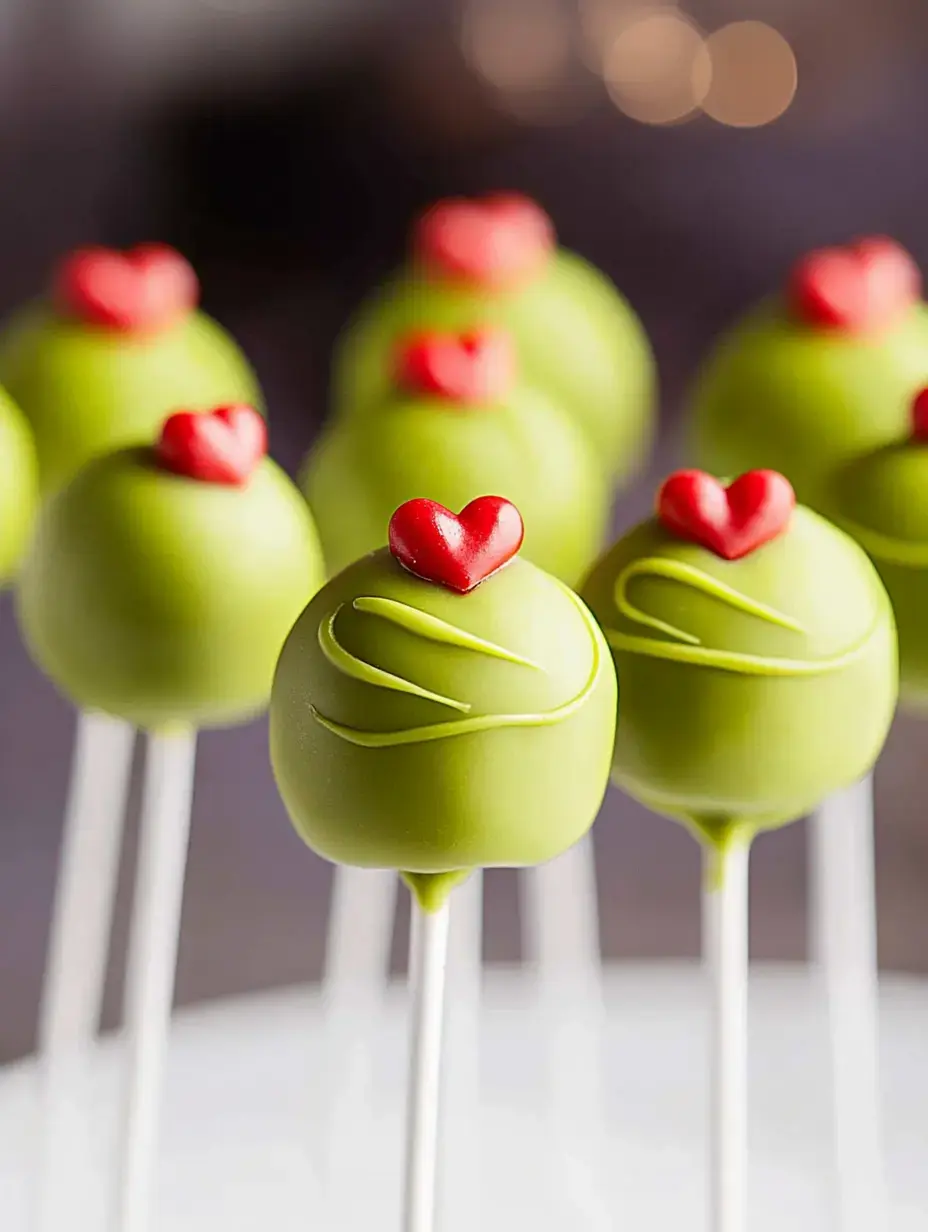 A close-up of green cake pops topped with red heart decorations, arranged on white sticks.