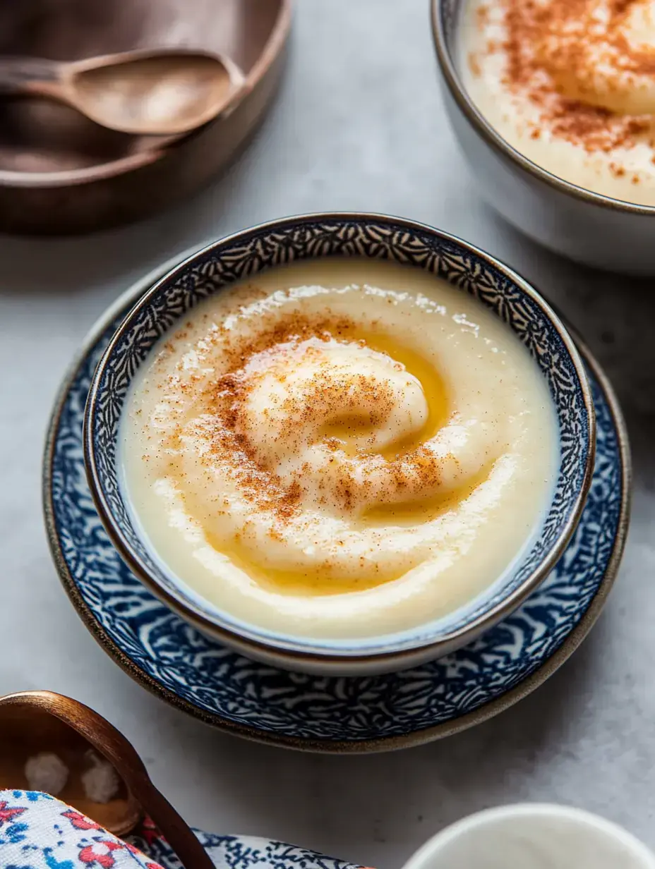 A bowl of creamy dessert topped with cinnamon sits on a decorative plate, accompanied by a wooden spoon and a colorful cloth.