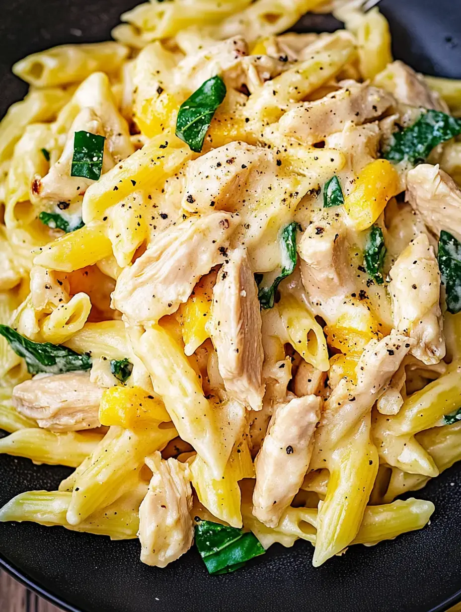 A close-up of creamy pasta with penne, chicken pieces, and spinach, garnished with black pepper on a dark plate.