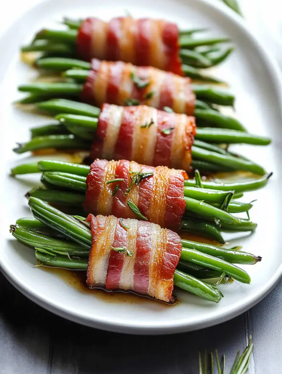 A plate of green beans wrapped in crispy bacon, garnished with herbs.