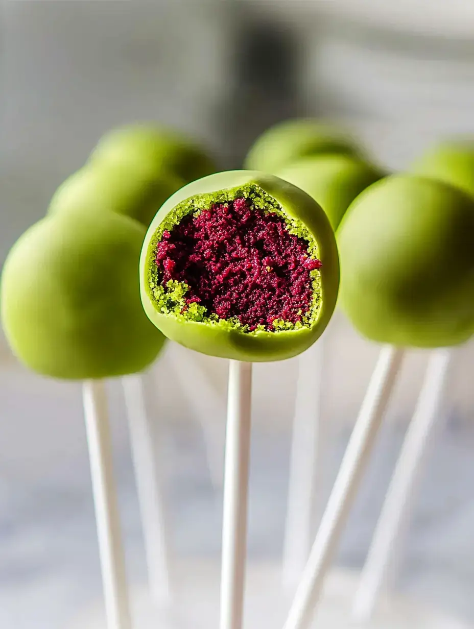 A close-up of a bite-sized cake pop, coated in green icing, revealing a vibrant red and pink interior.