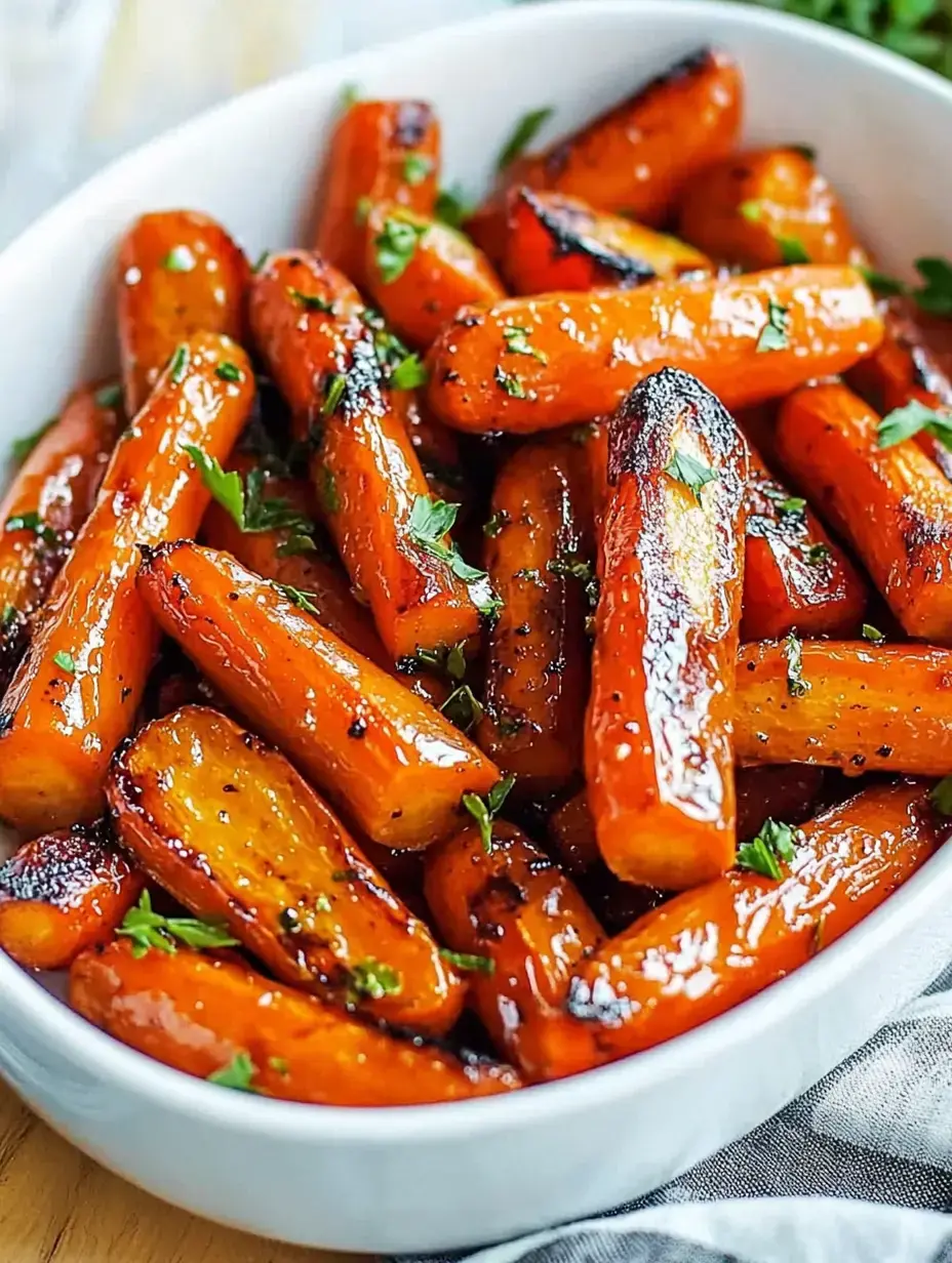 A bowl of glazed roasted carrots garnished with fresh herbs.