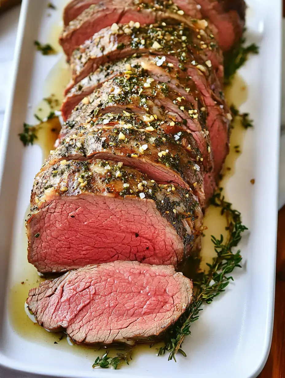 A beautifully plated roast beef, sliced and garnished with herbs and seasoning, displaying a juicy pink interior.