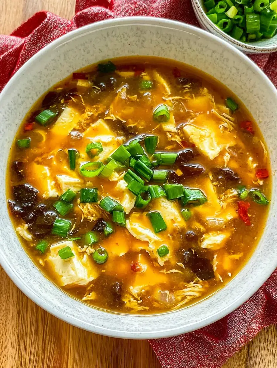 A bowl of hot and savory egg and tofu soup topped with chopped green onions and colorful spices.