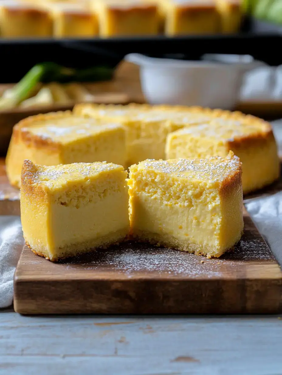 A slice of creamy cheesecake, dusted with powdered sugar, sits on a wooden board with more cheesecake pieces in the background.