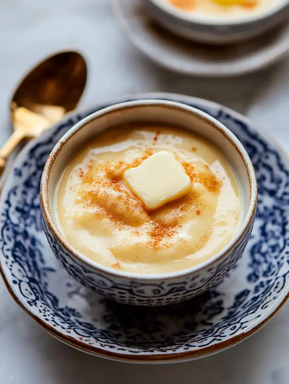 A bowl of creamy mashed potatoes topped with a pat of butter and a sprinkle of paprika, placed on a decorative blue and white plate.