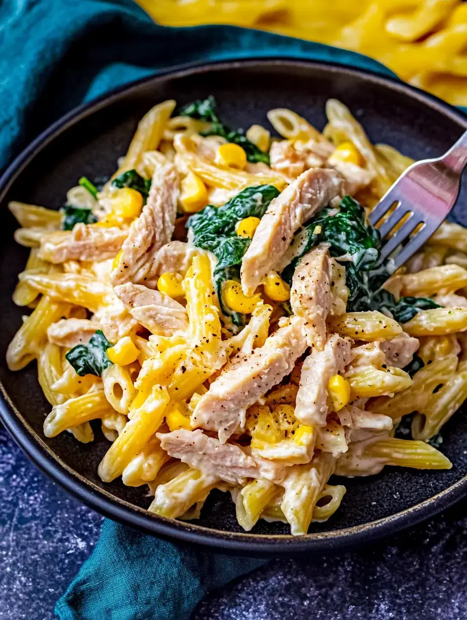 A close-up of a bowl of creamy pasta mixed with shredded chicken, spinach, and corn, garnished with black pepper.