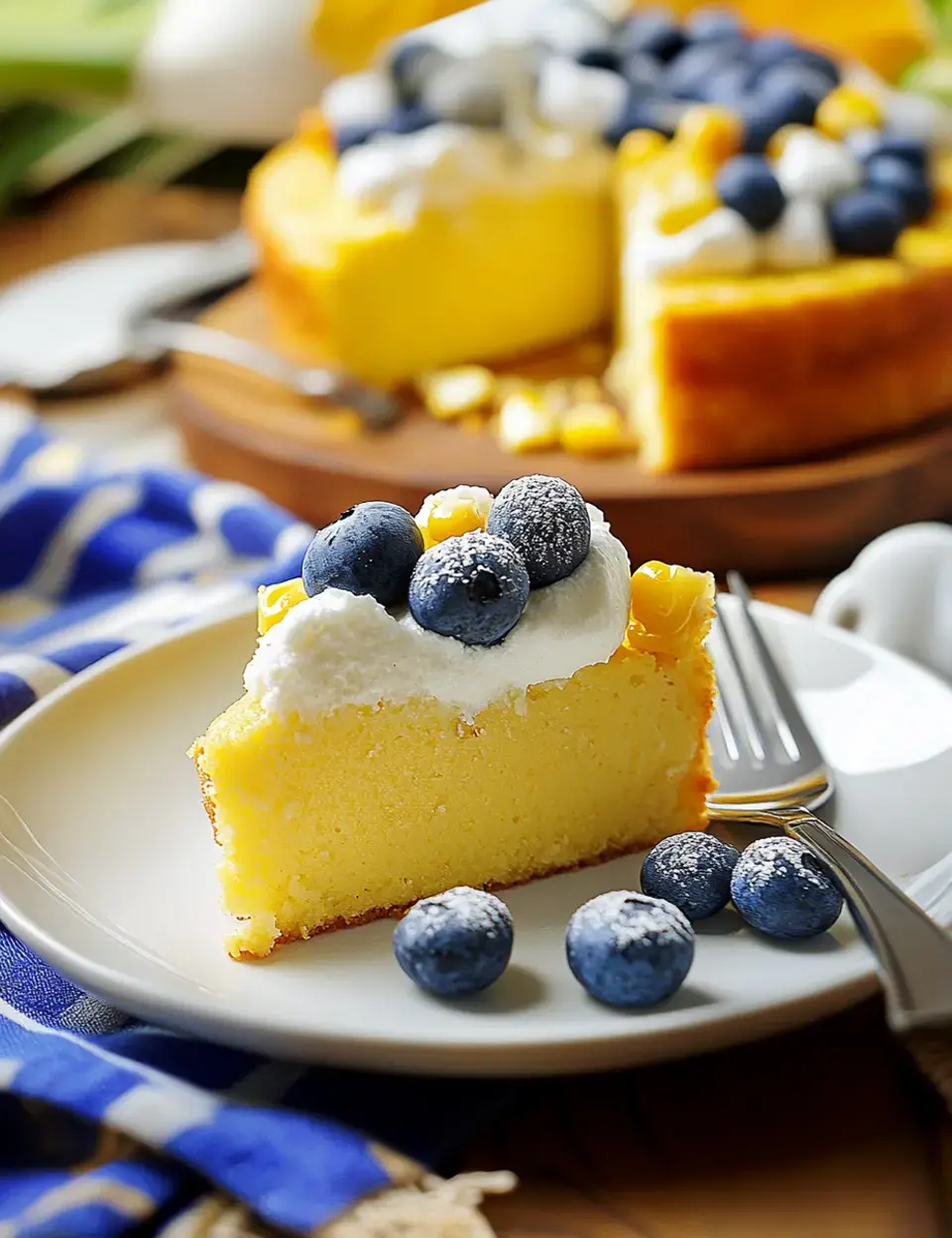 A slice of moist yellow cake is topped with whipped cream and blueberries, served on a plate with additional blueberries beside it.