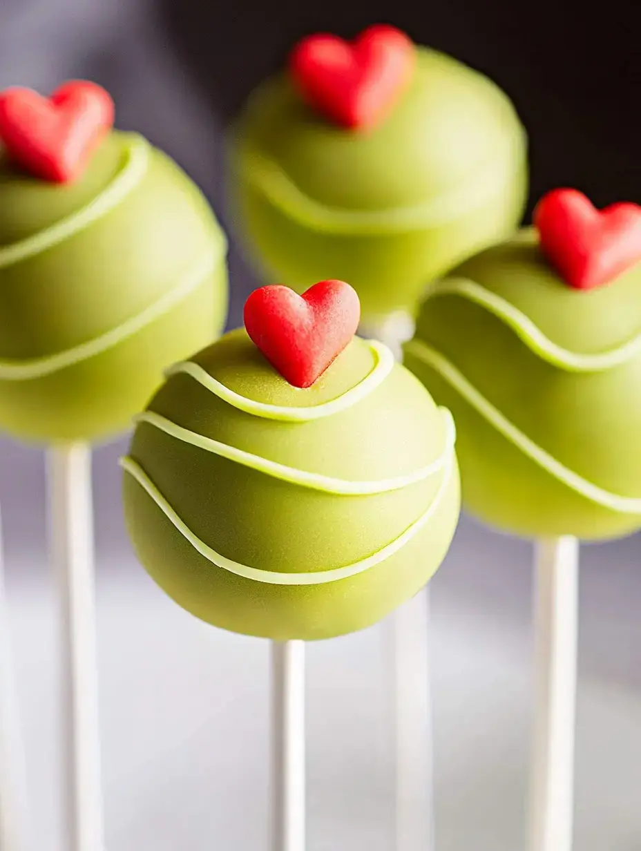 A group of green cake pops decorated with red heart-shaped toppings.