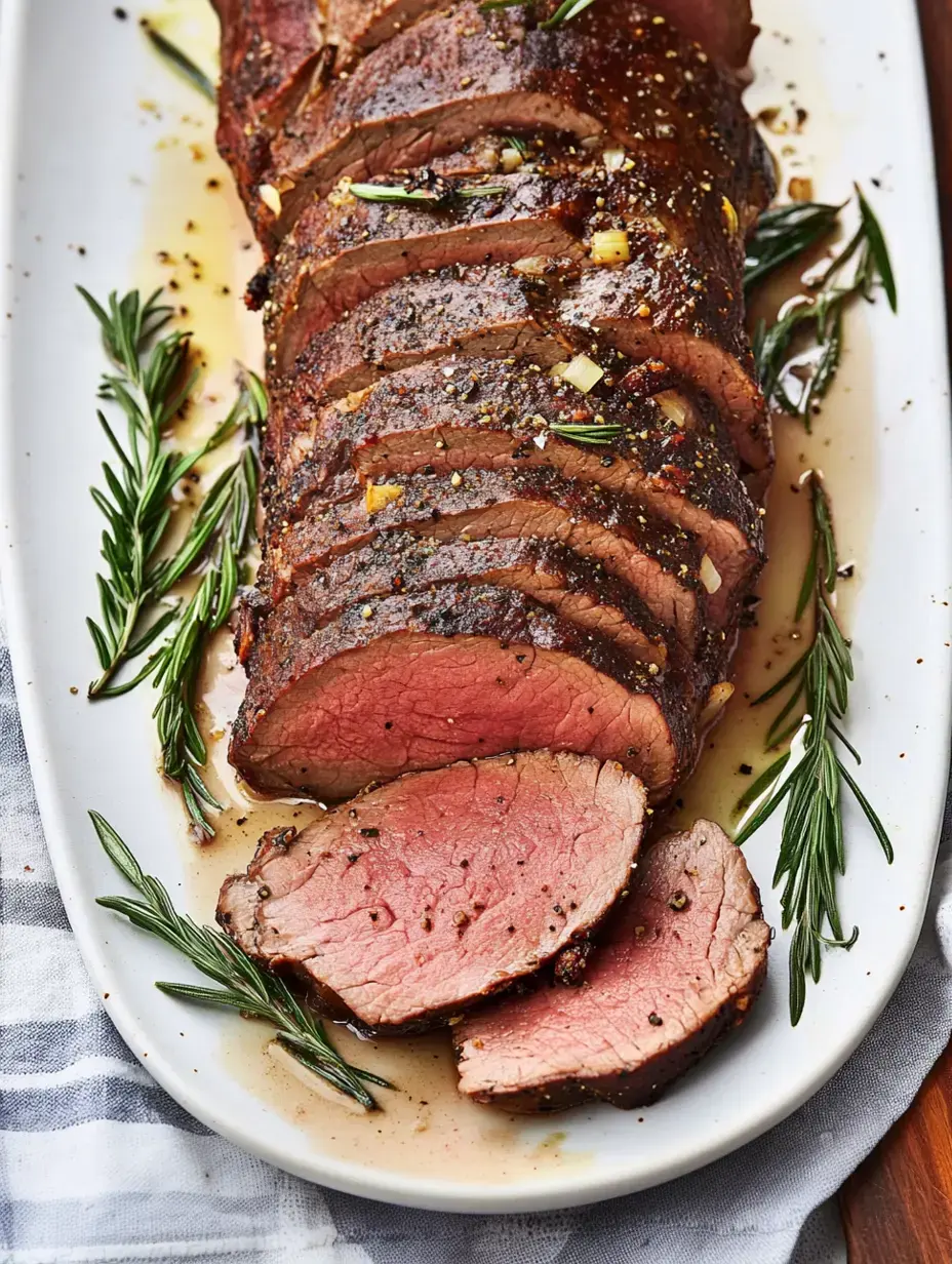 A platter of sliced roast beef garnished with fresh rosemary and drizzled with au jus.