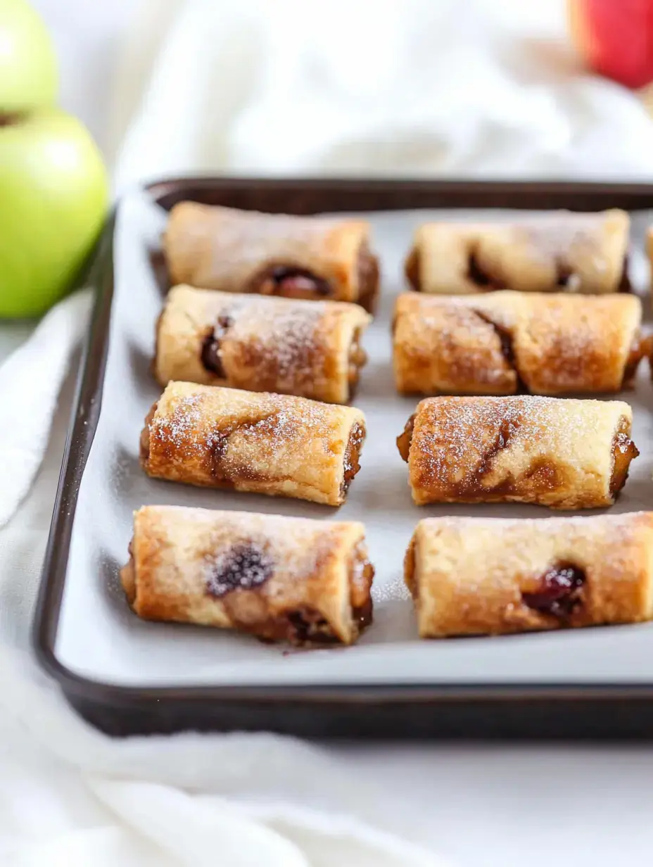 A tray of freshly baked apple strudels dusted with powdered sugar, with green and red apples in the background.