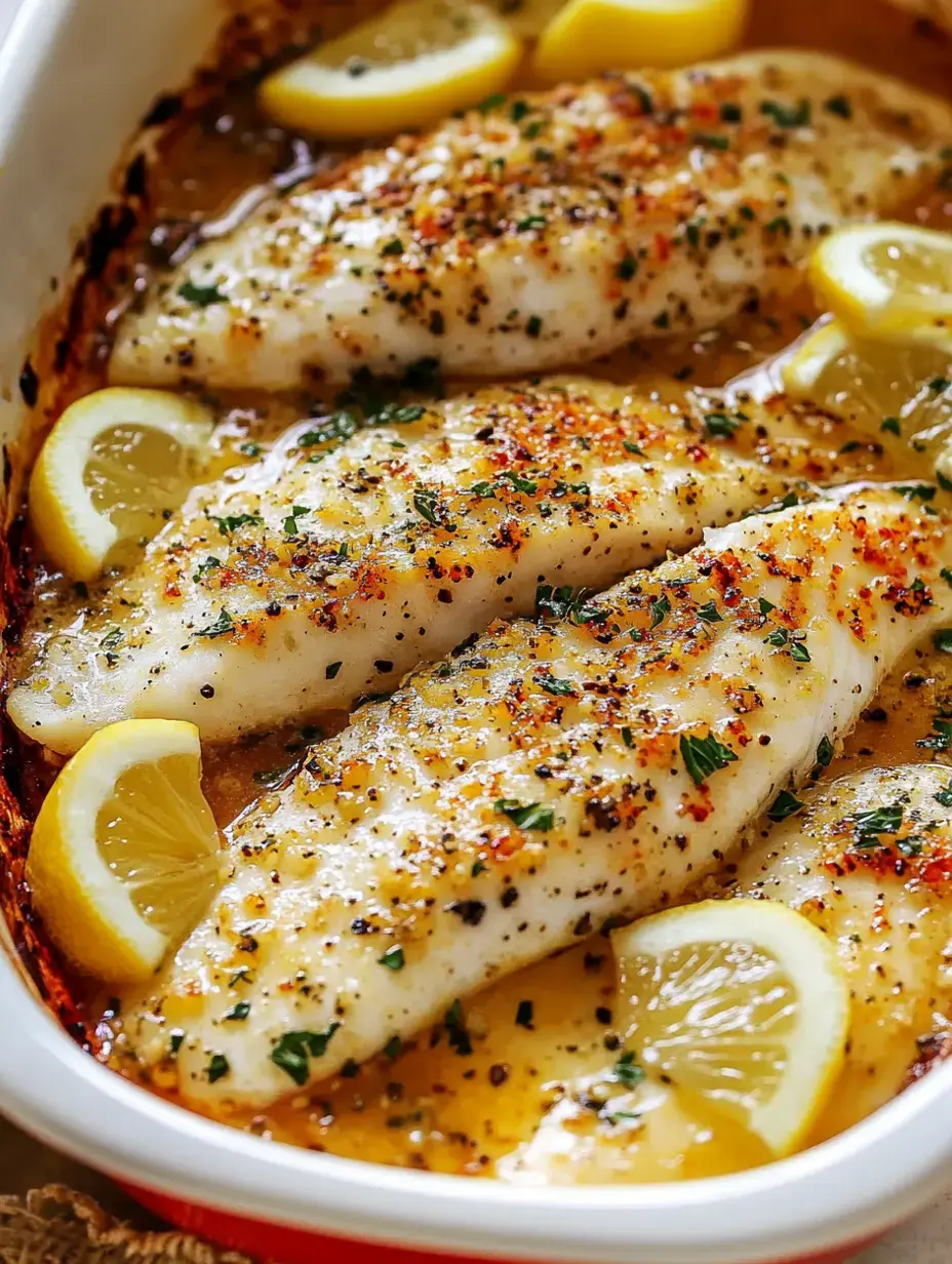 Baked fish fillets garnished with lemon slices and herbs are arranged in a white dish.