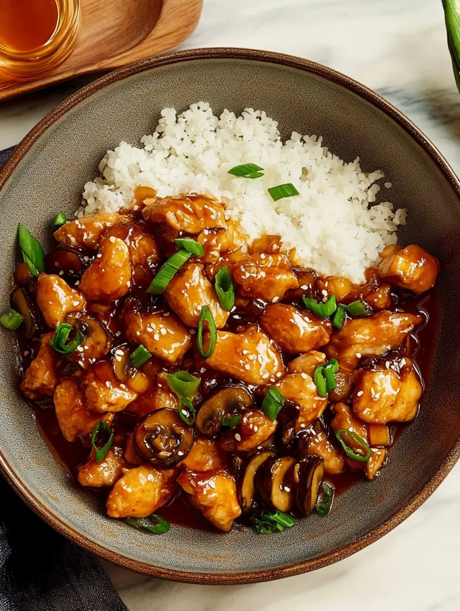 A bowl of crispy chicken coated in a savory sauce, served with white rice and garnished with chopped green onions and mushrooms.