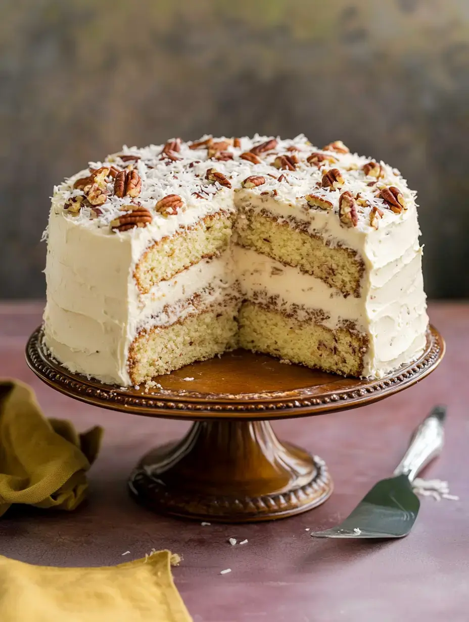 A visually appealing layered cake with cream frosting, topped with coconut and pecans, is displayed on a wooden cake stand, with a slice removed to reveal its interior.