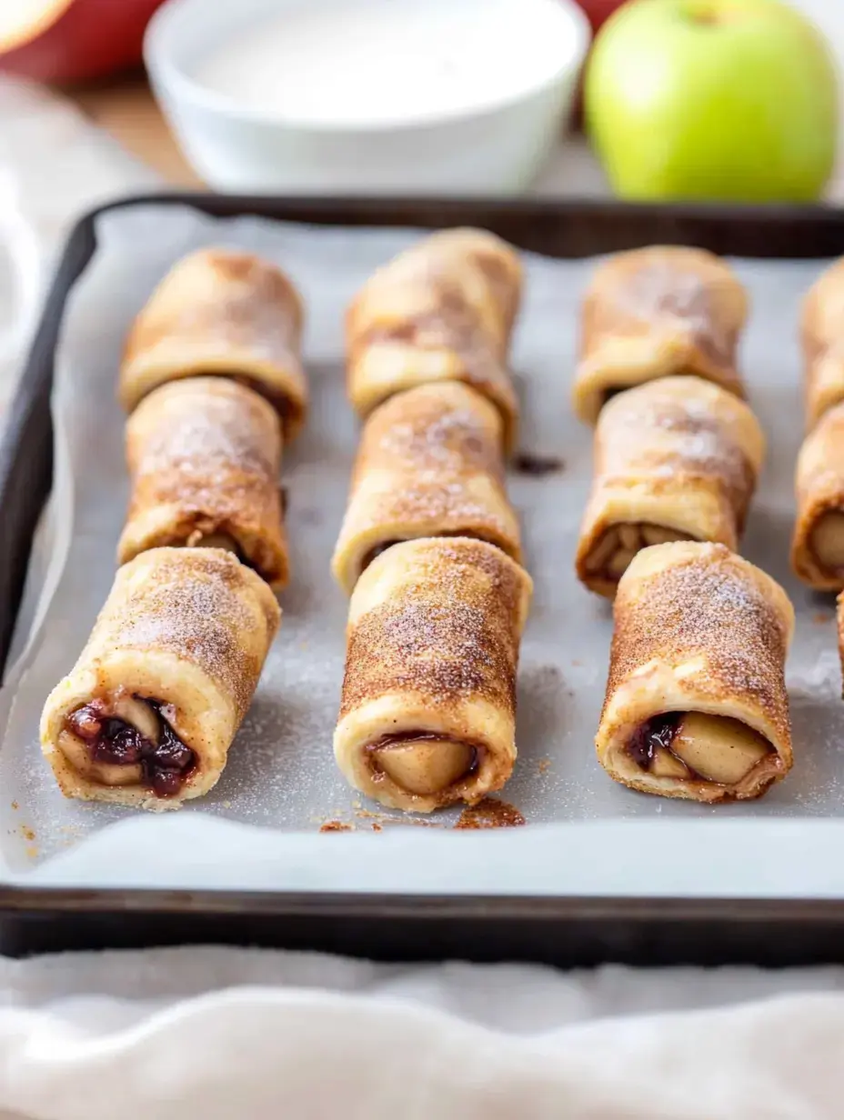 A tray of cinnamon sugar dusted rolled pastries filled with apple and chocolate, alongside a bowl of cream and an apple in the background.