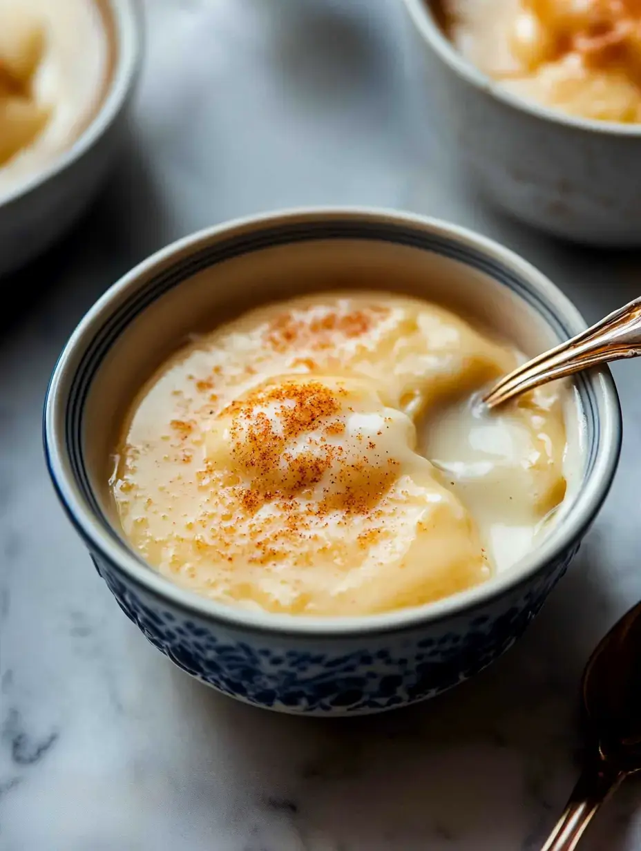 A close-up of a bowl of creamy dessert topped with a sprinkle of cinnamon, with a golden spoon resting nearby.