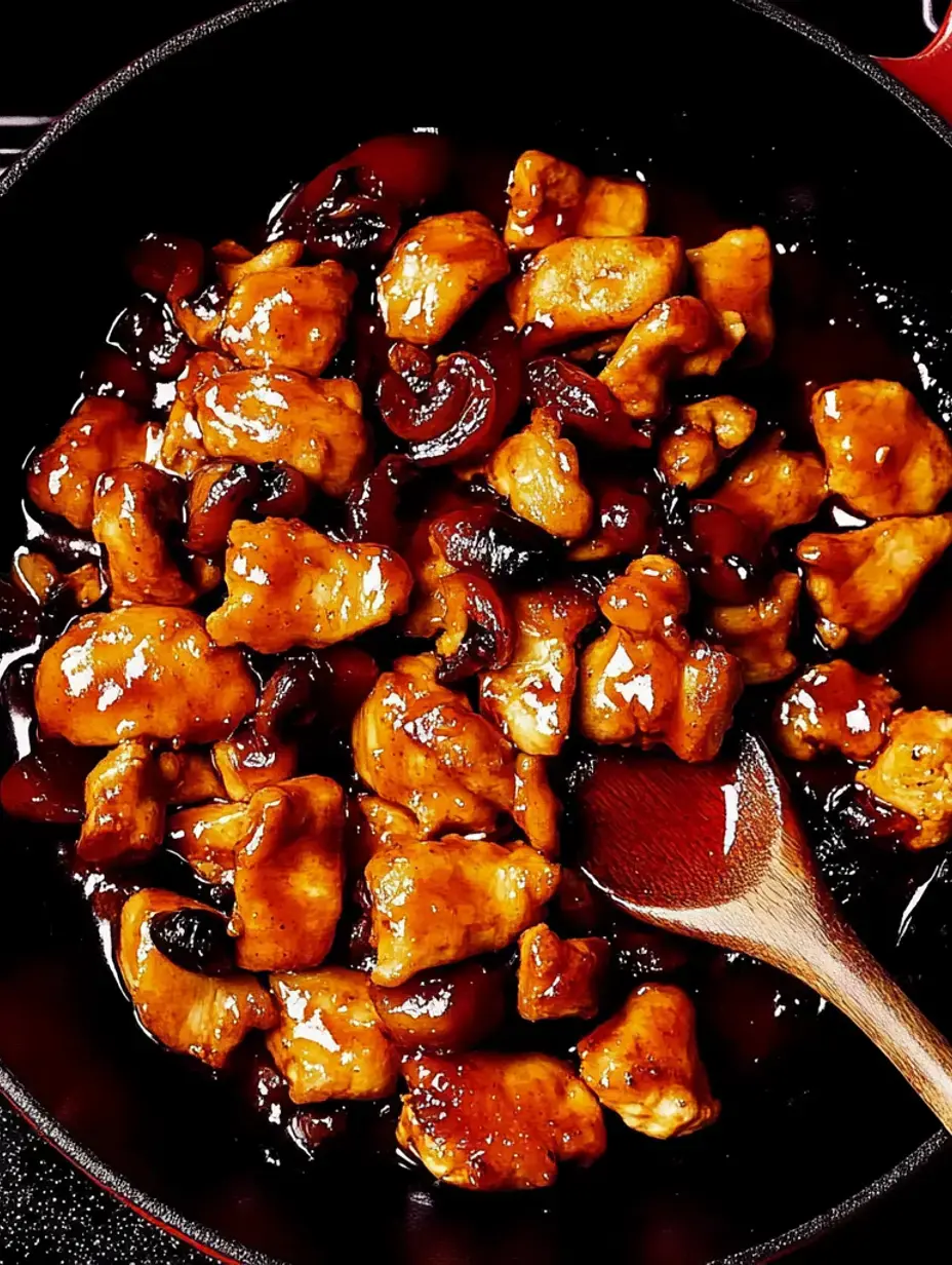 A close-up image of cooked pieces of chicken in a glossy brown sauce, garnished with dark mushrooms, in a black skillet with a wooden spoon.