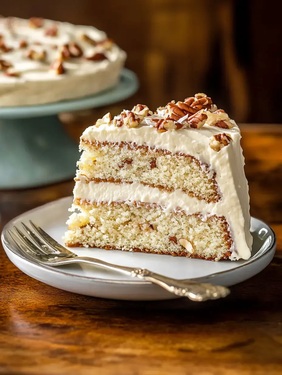 A slice of layered cake with cream frosting and pecans on top, served on a plate with a fork.